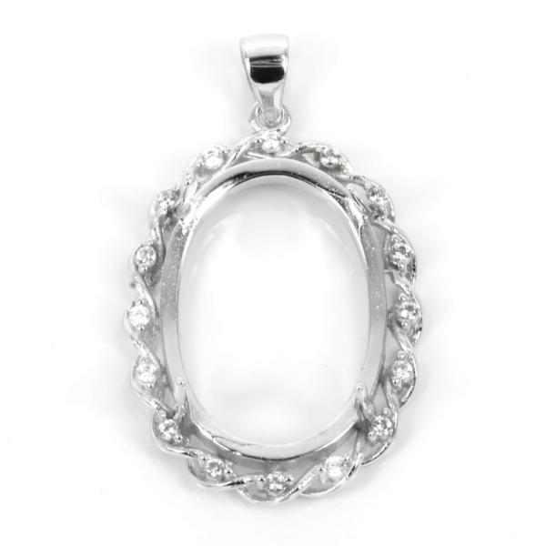 Oval Pendant setting with CZ's Twist Frame and Oval Prongs Mounting including Bail in Sterling Silver 15x21mm