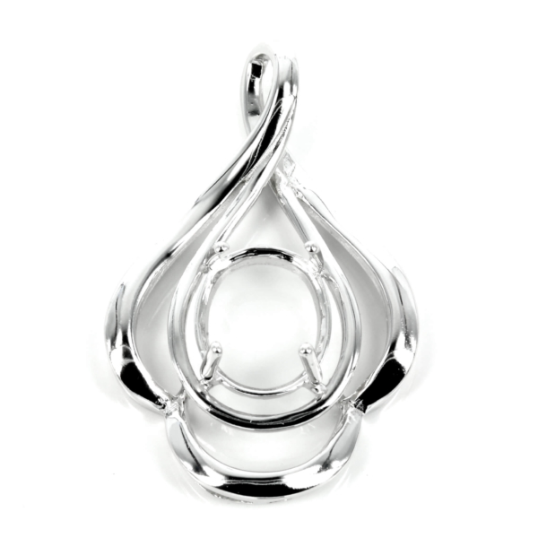 Swirl-Drape Framed Oval Pendant Setting with Oval Prongs Mounting including Bail in Sterling Silver 10x12mm