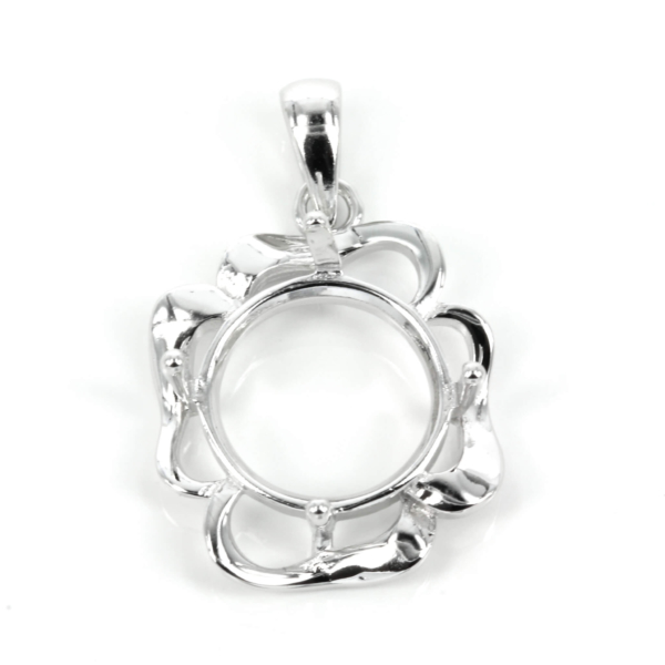 Swirling Ribbon Framed Round Pendant Setting Round Prongs Mounting including Bail in Sterling Silver 12mm