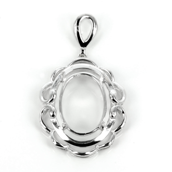 Elegant Curve-Framed Oval Pendant Setting with Oval Prongs Mounting including Bail in Sterling Silver 10x14mm
