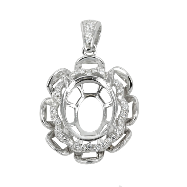 Oval Flower Pendant with Cubic Zirconias Set Frame and Soldered Loop and Bail in Sterling Silver 10x12mm