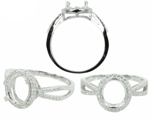 Micro-Pavé Band & Halo Ring with Oval Prong Mounting in Sterling Silver for 8 x 10mm Stones