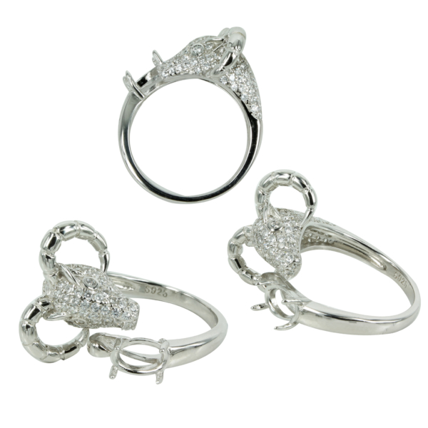 Pavé Ram's Head Ring in Sterling Silver for 4x6mm Oval Stones