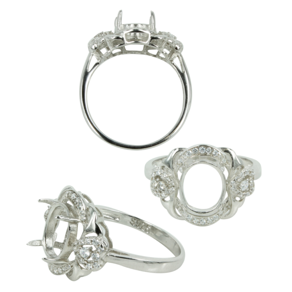 Classic Curves & CZ's Ring Setting with Oval Mounting in Sterling Silver 7x9mm