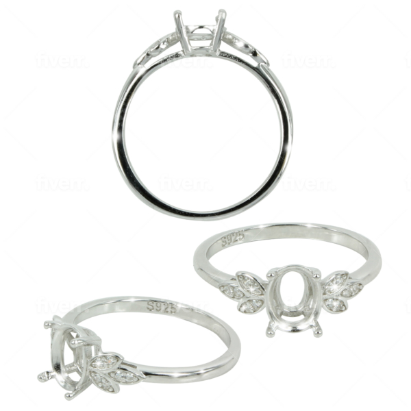 Leafy CZ's Shoulders Band Ring Setting with Oval Mounting in Sterling Silver 6x7mm
