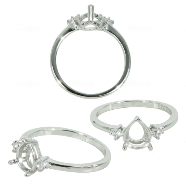 Classic Pear Ring Setting with CZ Accents and Pear Mounting in Sterling Silver 6x7mm