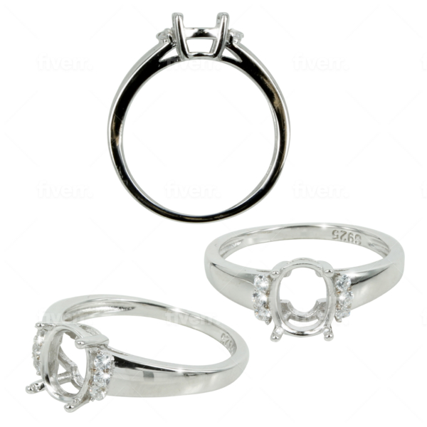 Tapered Band Ring Setting with CZ's and Oval Mounting in Sterling Silver 6x7mm