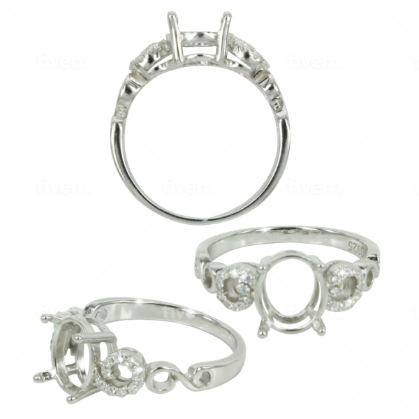 Curlicue Shoulders Ring Setting with CZ's and Oval Mounting in Sterling Silver 7x9mm