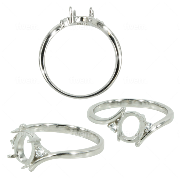 Offset Shank Ring Setting with CZ's and Oval Mounting in Sterling Silver 6x7mm